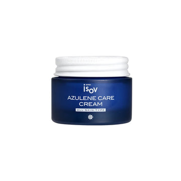 A dark blue cosmetic jar of Isov Azulene Care Cream with a white screw cap.