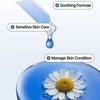 A skincare graphic showing a blue dropper above a blue liquid surface with a daisy flower.