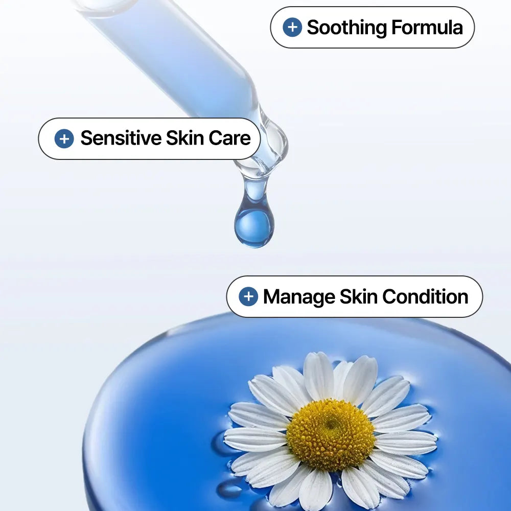 A skincare graphic showing a blue dropper above a blue liquid surface with a daisy flower.